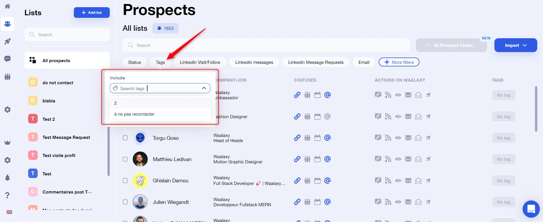 Filtre tags prospects Waalaxy