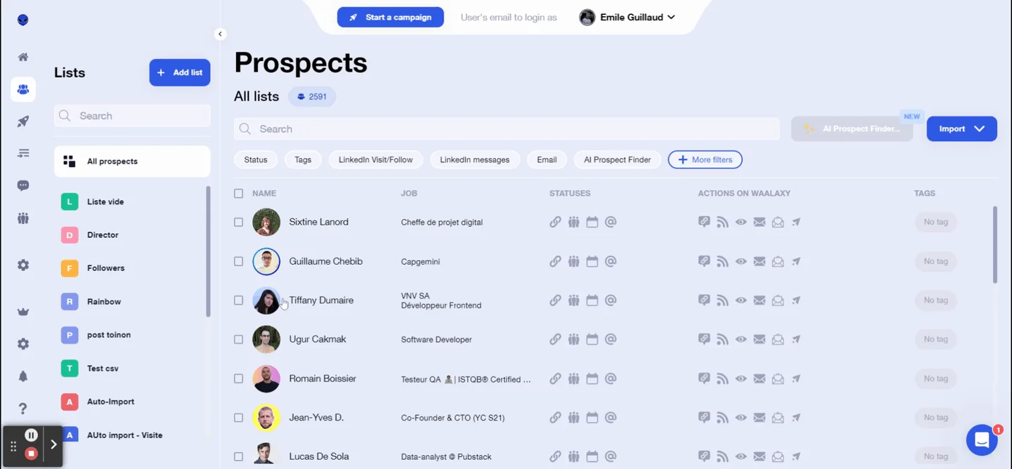 Interface prospects Waalaxy prospection LinkedIn