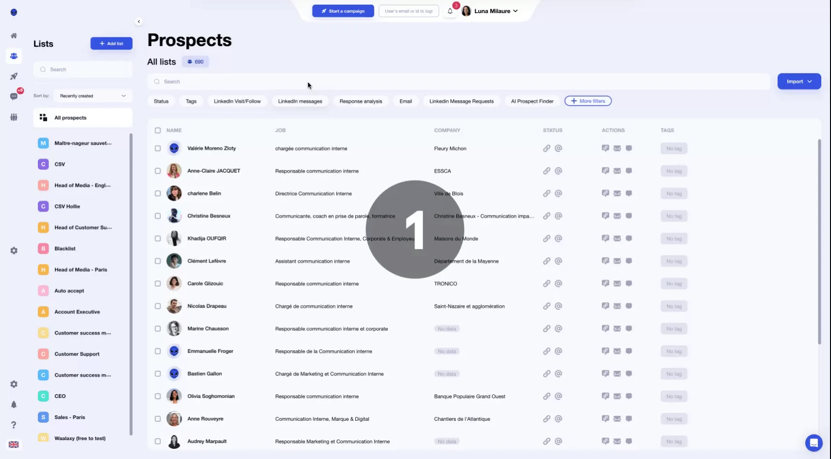 Interface prospects Waalaxy prospection LinkedIn