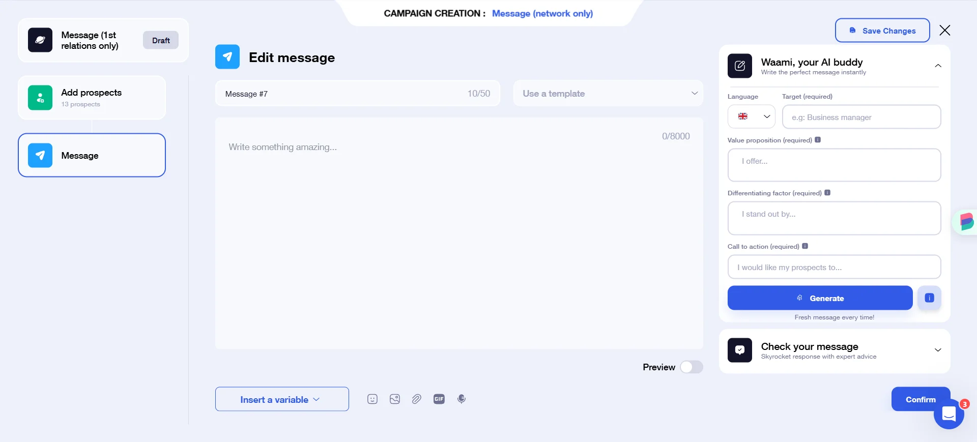 Edit LinkedIn message on Waalaxy