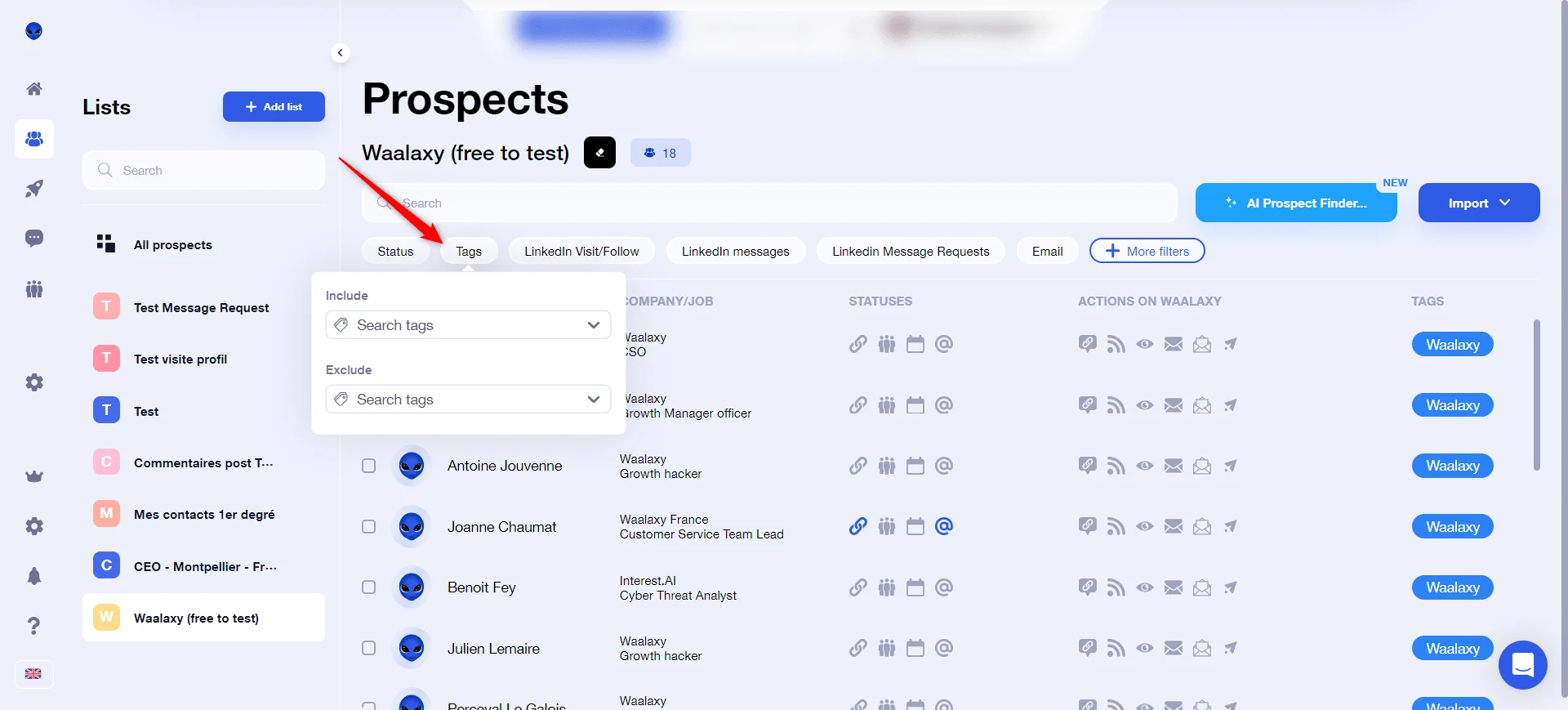 Interface filtrage prospects Waalaxy
