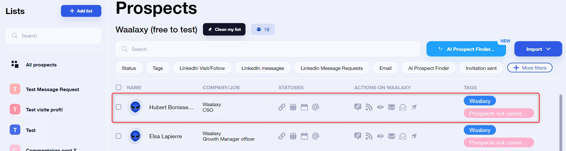 Interface prospects Waalaxy LinkedIn