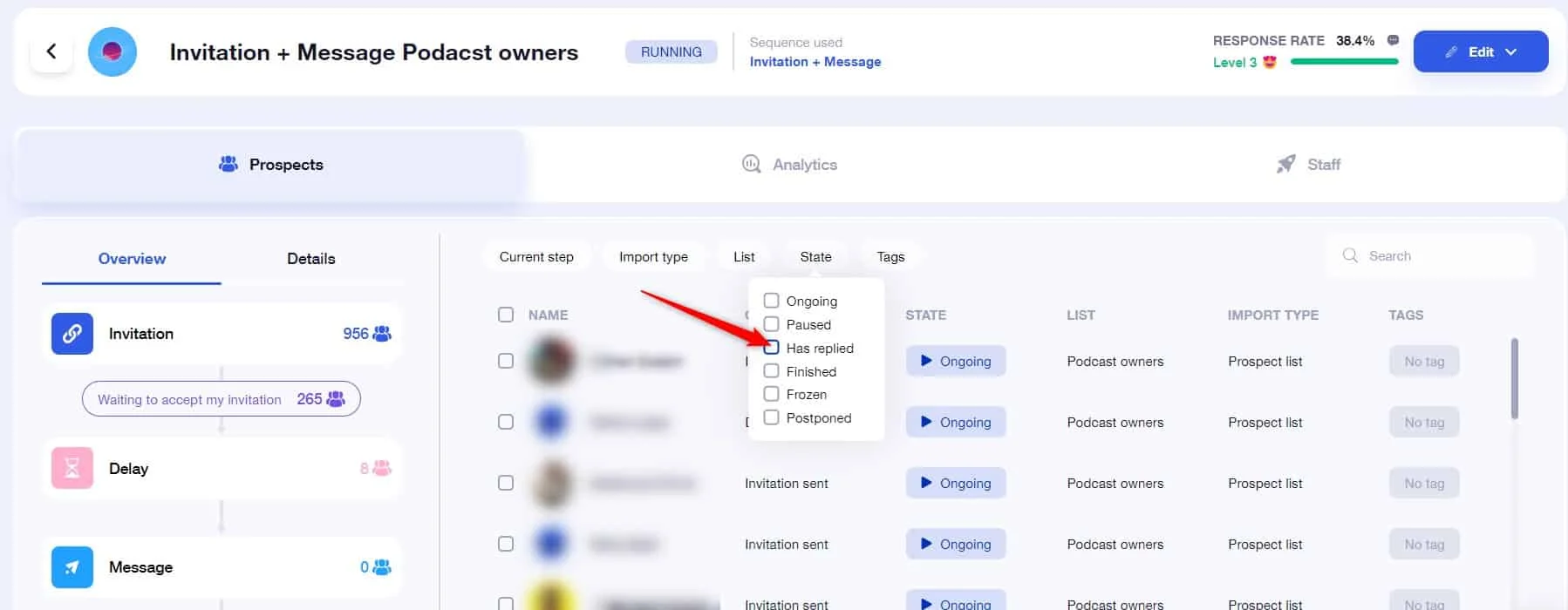 Waalaxy invitation message podcast owners prospect list