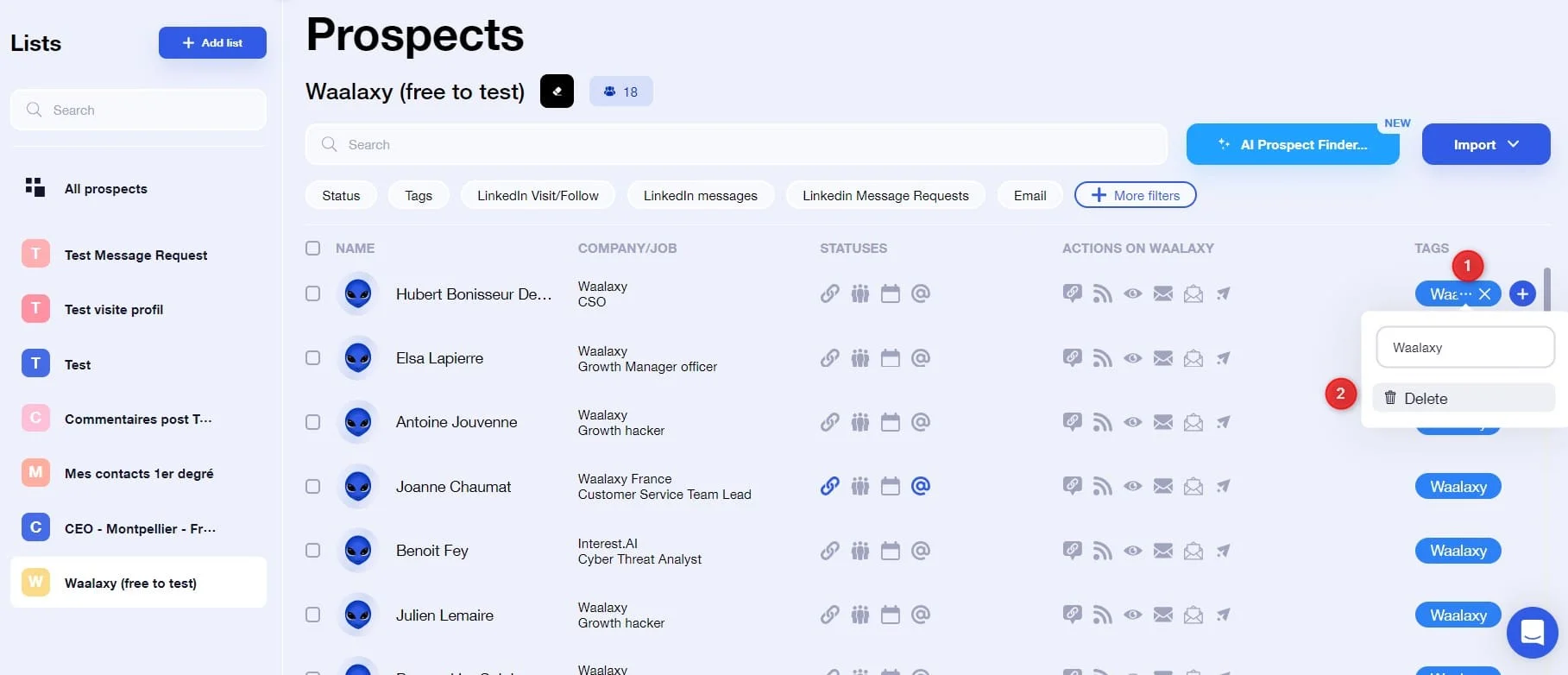 Interface prospection prospects Waalaxy