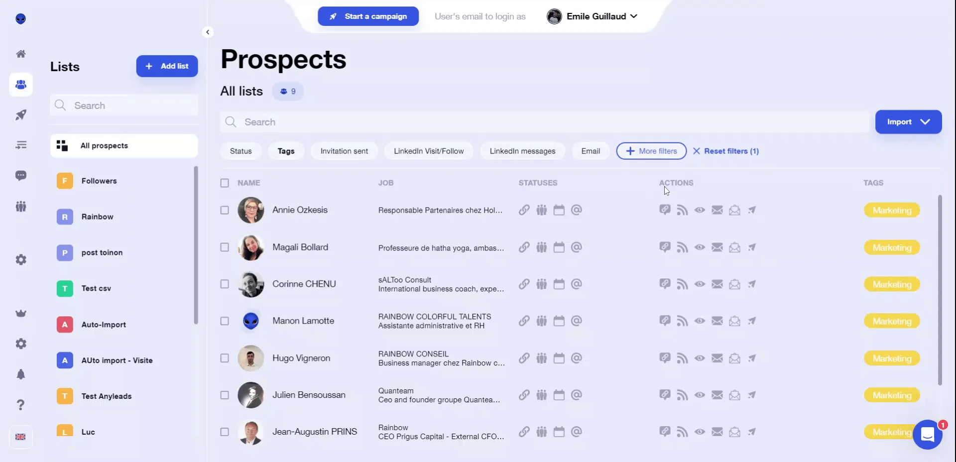 Interface prospection prospects Waalaxy