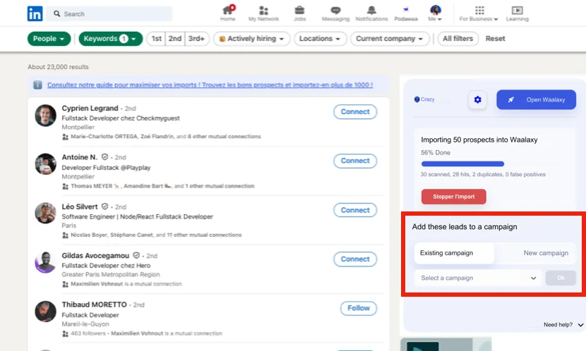 Interface Waalaxy prospection leads LinkedIn
