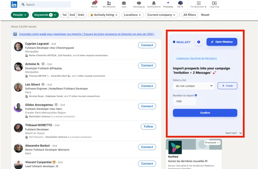 Interface recherche prospects LinkedIn Waalaxy