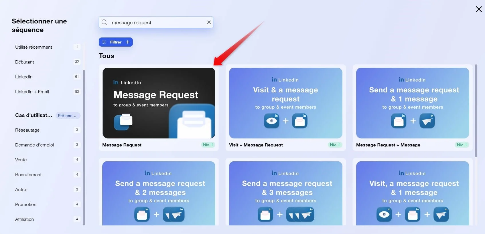 Page web présentant des options pour envoyer des demandes de messagerie sur LinkedIn. Des suggestions de séquences sont visibles.