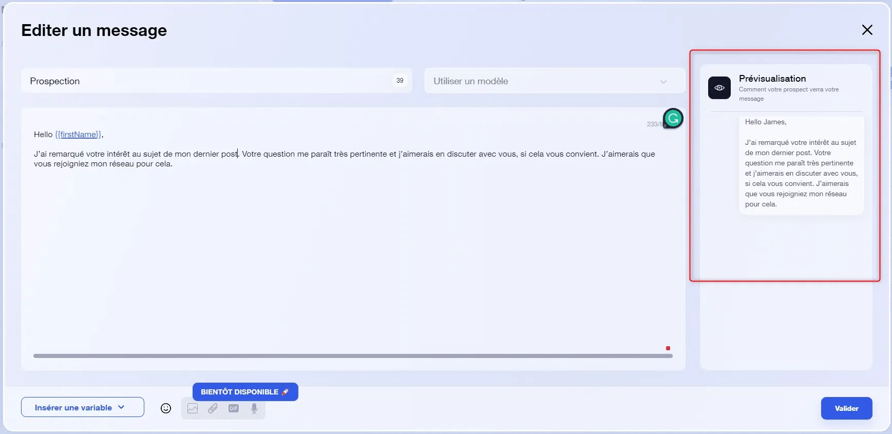 Éditeur message prospection Waalaxy