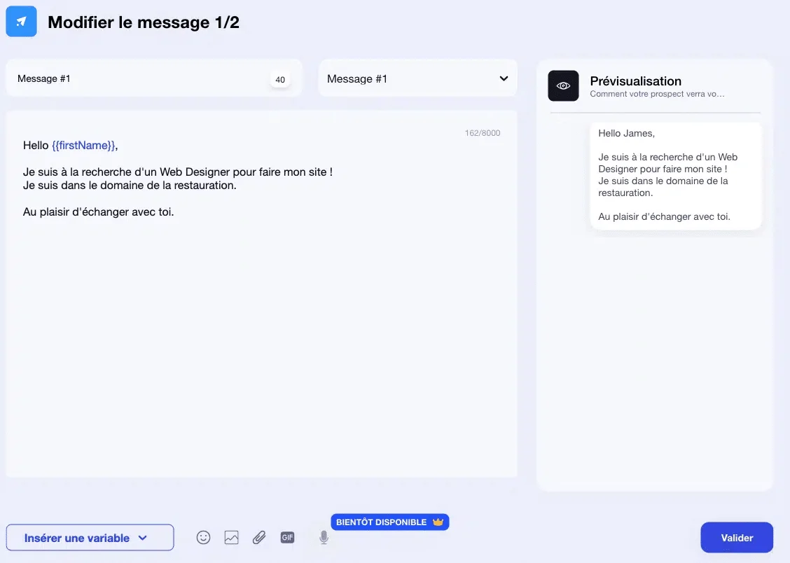 Interface Waalaxy modifier message prospection