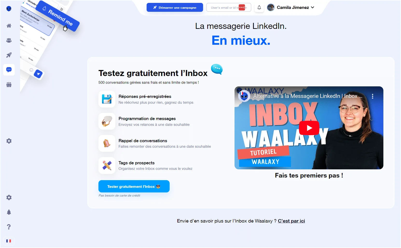 Page web présentant des fonctionnalités d'envoi de messages sur LinkedIn, avec un tutoriel vidéo intitulé "Inbox Waalaxy".