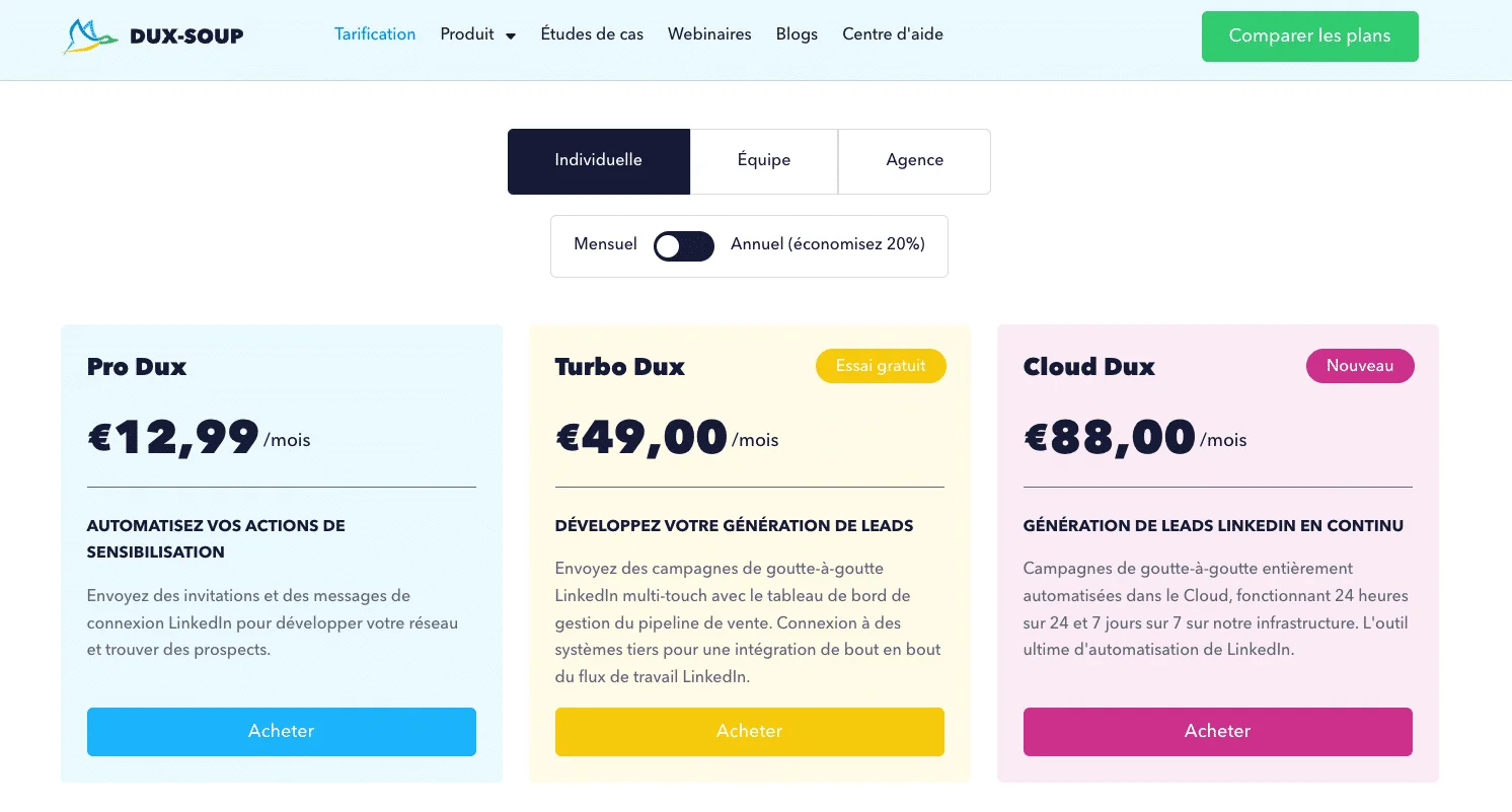 Comparaison plans tarification Dux Soup LinkedIn