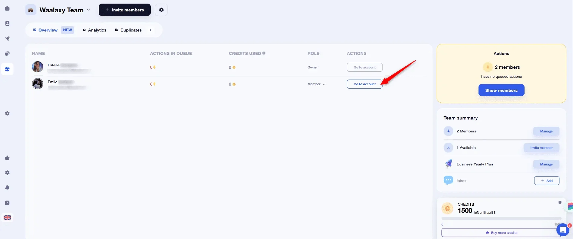 Team Waalaxy Plan: Access another member's interface