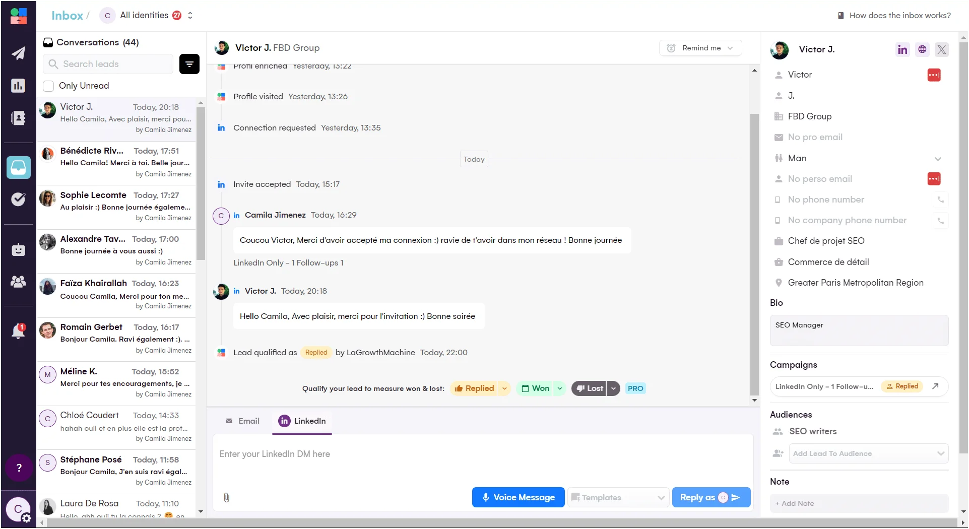 Interface conversation LinkedIn Victor J Waalaxy