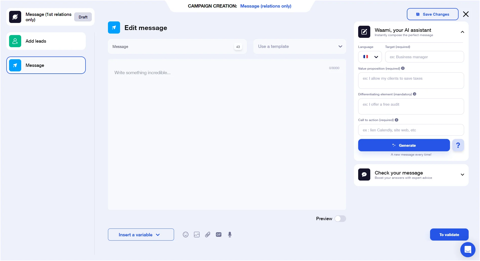 Interface création de message Waalaxy