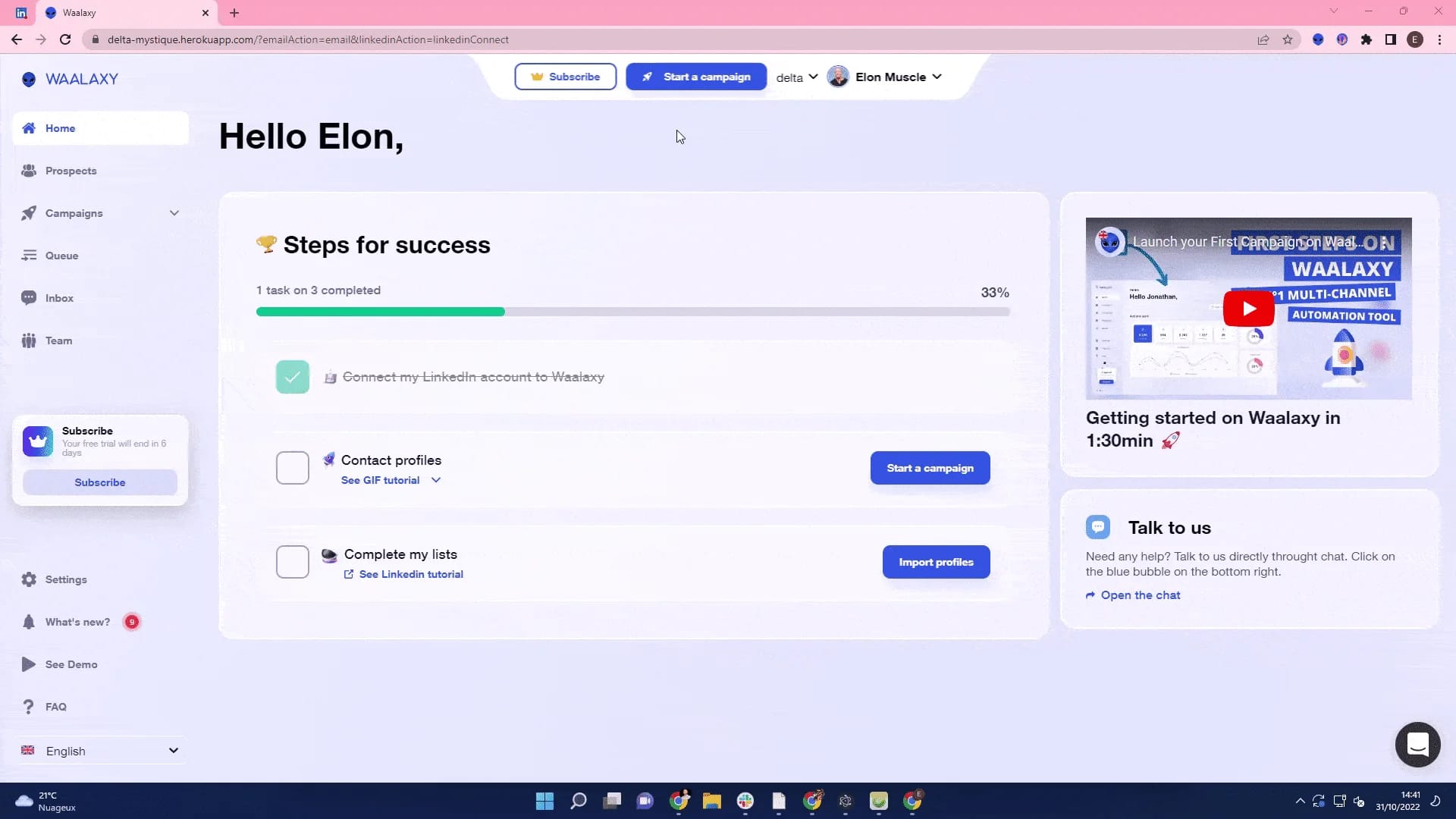 Waalaxy dashboard getting started success steps