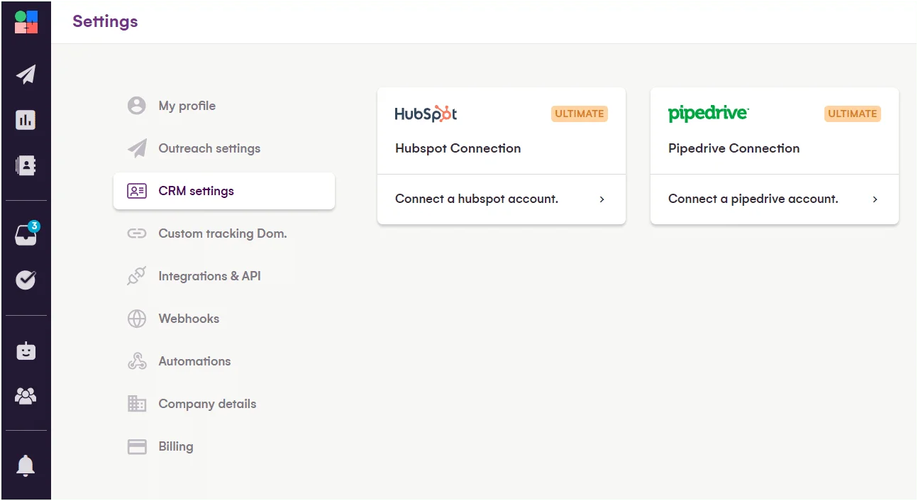 Paramètres CRM HubSpot et Pipedrive connexion
