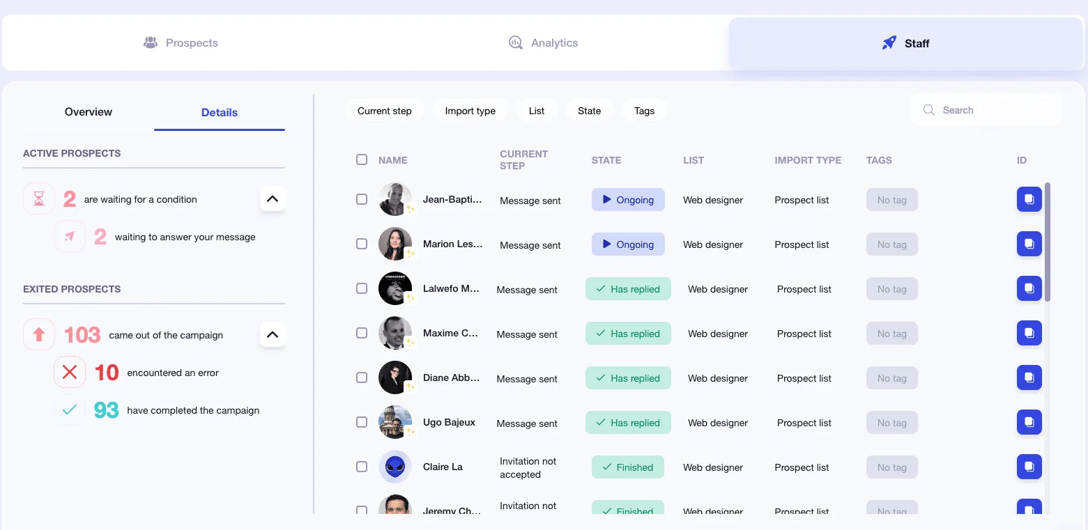 Interface prospection prospects Waalaxy