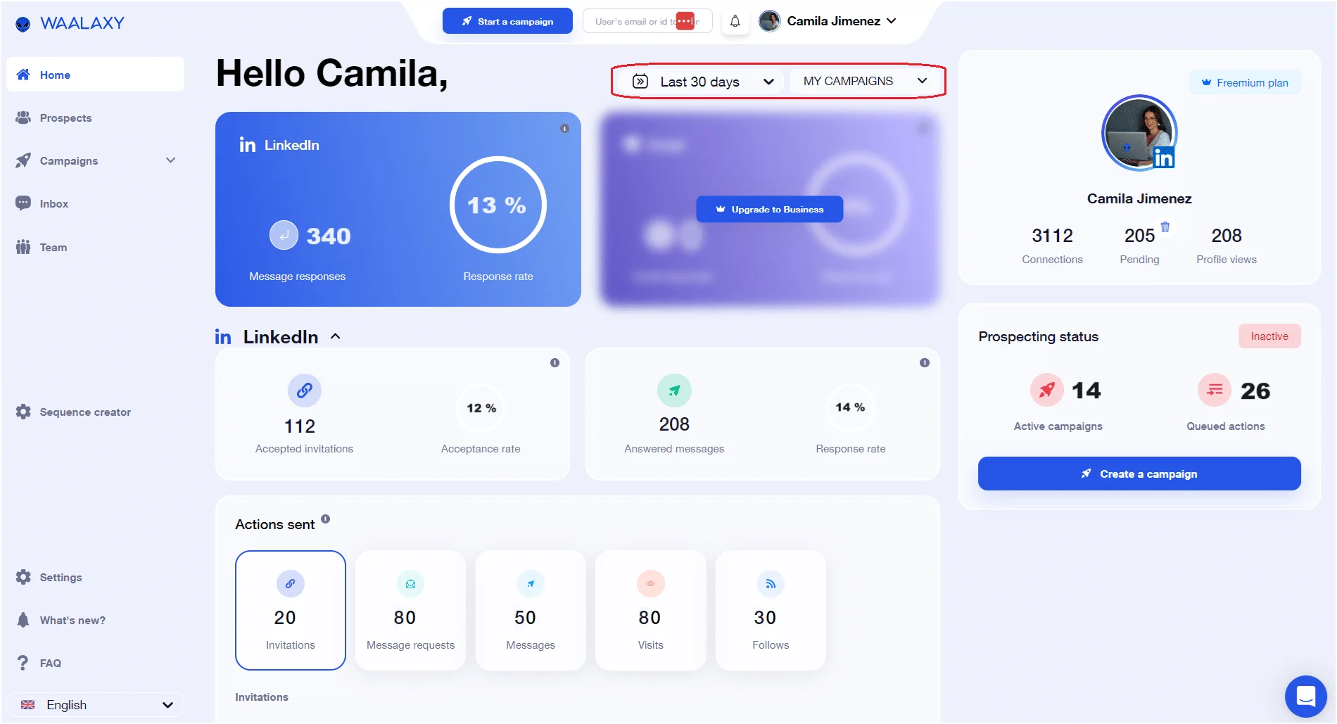 Dashboard prospection LinkedIn et statistiques Waalaxy