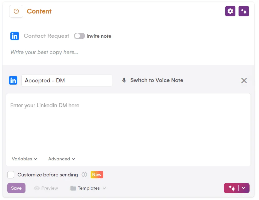 Interface de message LinkedIn DM Waalaxy