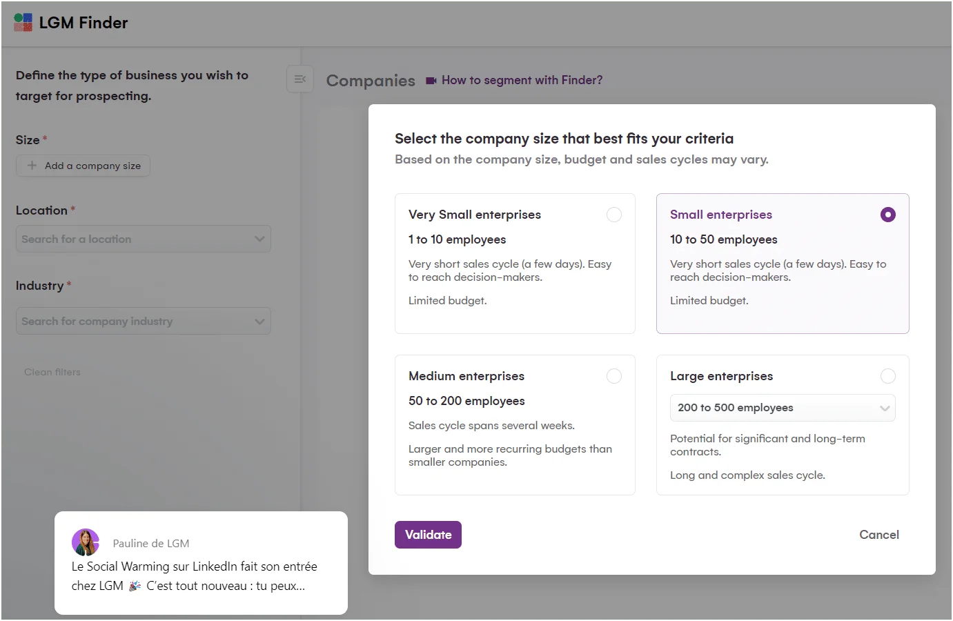 Sélection de la taille d'entreprise LGM Finder