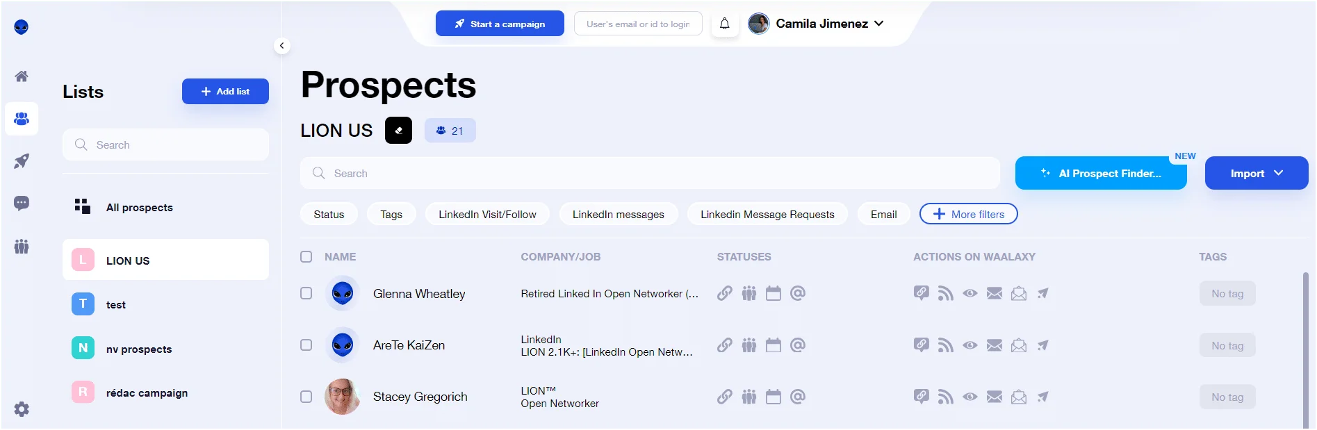Interface prospects Waalaxy Lion US
