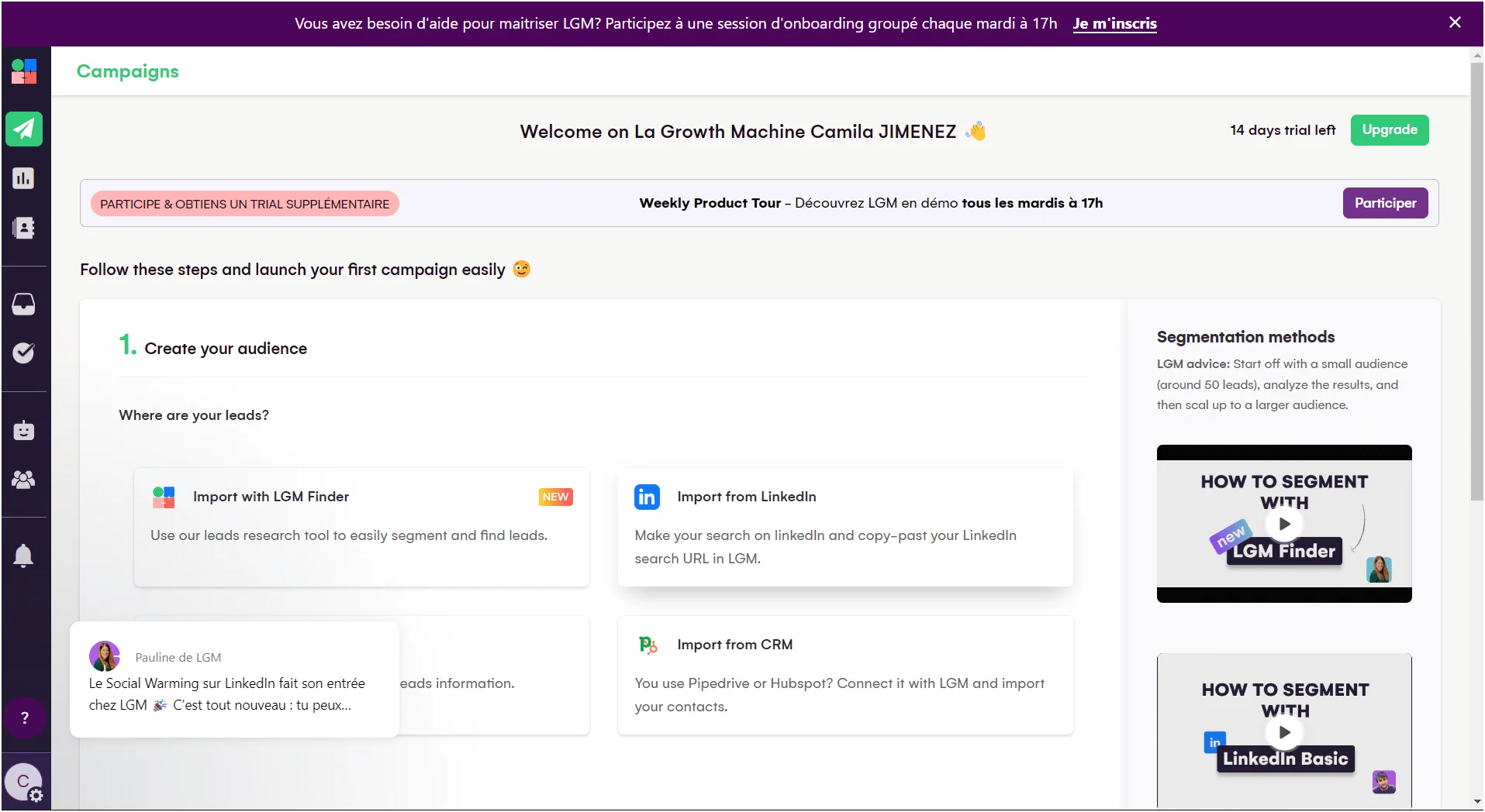 Interface onboarding LGM campaigns prospection
