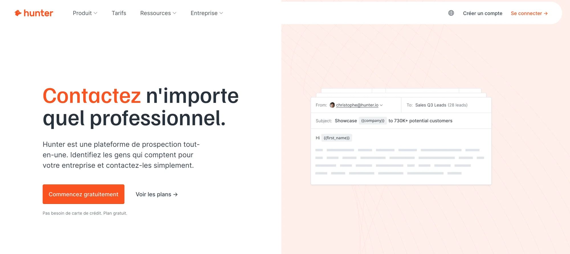 Page web de Hunter, plateforme de prospection professionnelle, avec formulaire de contact.
