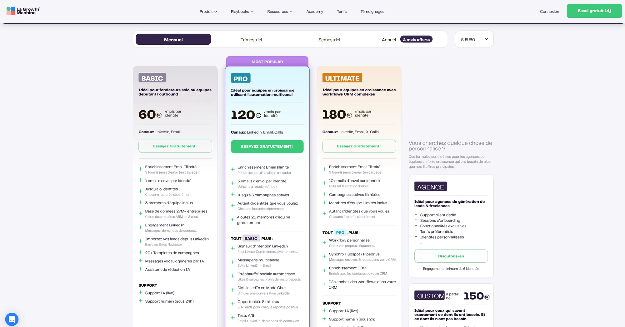 Page web présentant des plans Microsoft pour l'automatisation d'email, incluant Basic (60€), Pro (120€), Ultimate (180€) et Agency (150€).