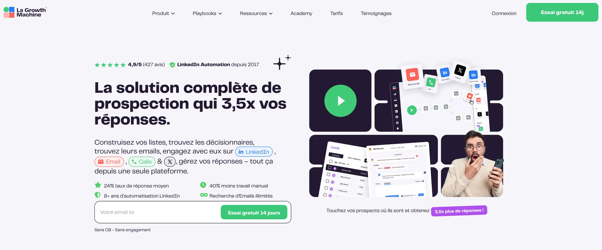 Page web présentant une solution de prospection en ligne, offre un accès gratuit pour 14 jours, avec des icônes et des textes explicatifs sur l'automatisation de la prospection via LinkedIn.