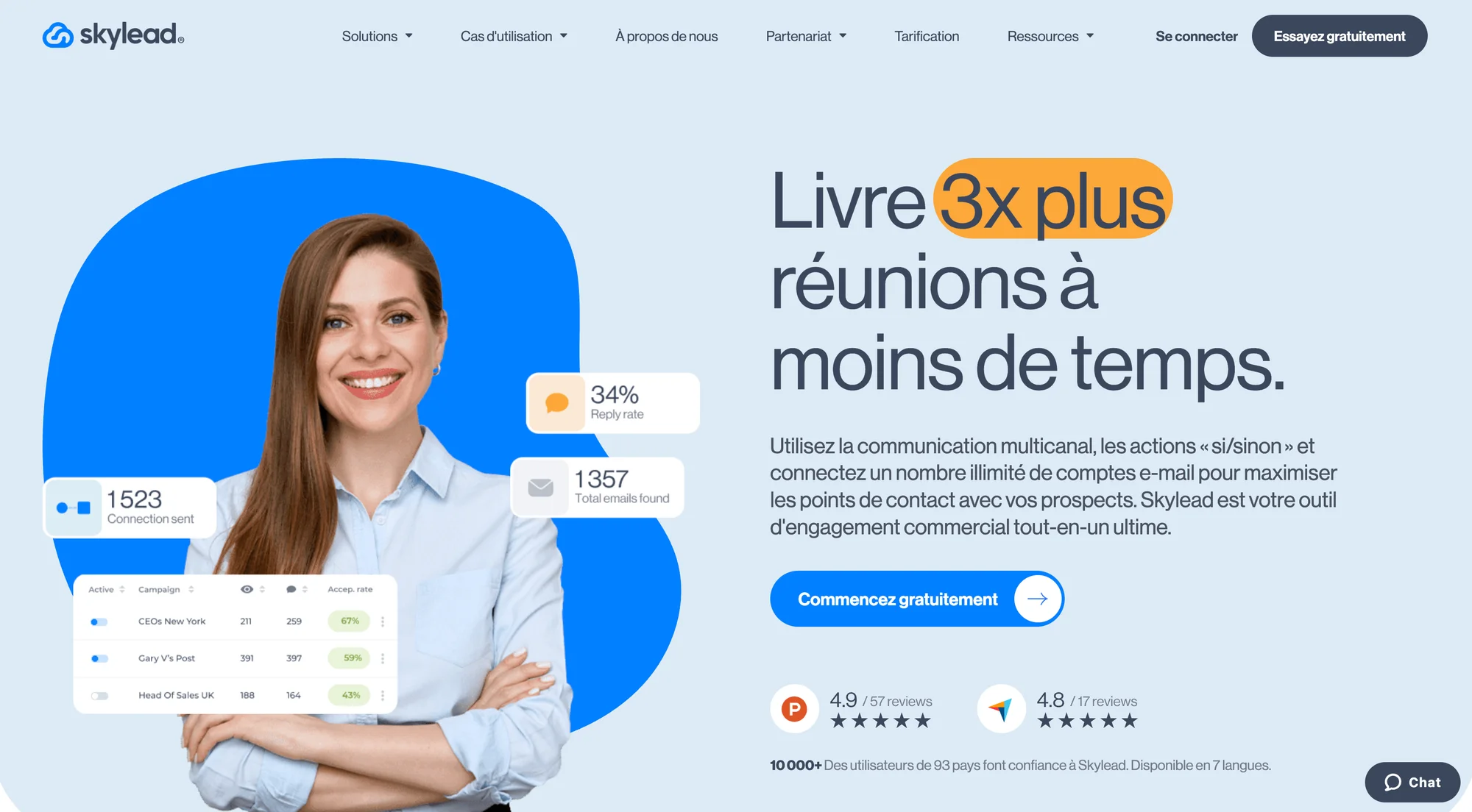 Page web SkyLead présentant des statistiques et un slogan "Livre 3x plus réunions à moins de temps".