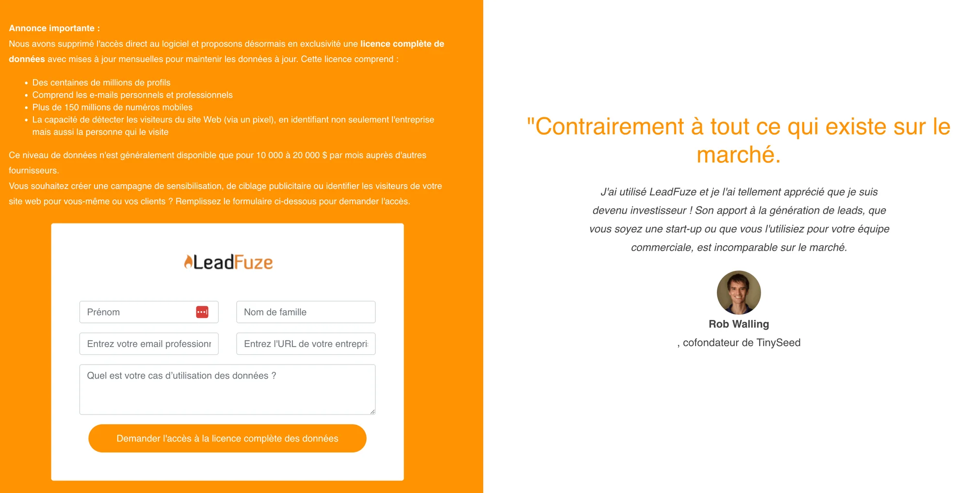 Page web LeadFuze, formulaire d'inscription, témoignage de Rob Walling sur l'utilité du service.