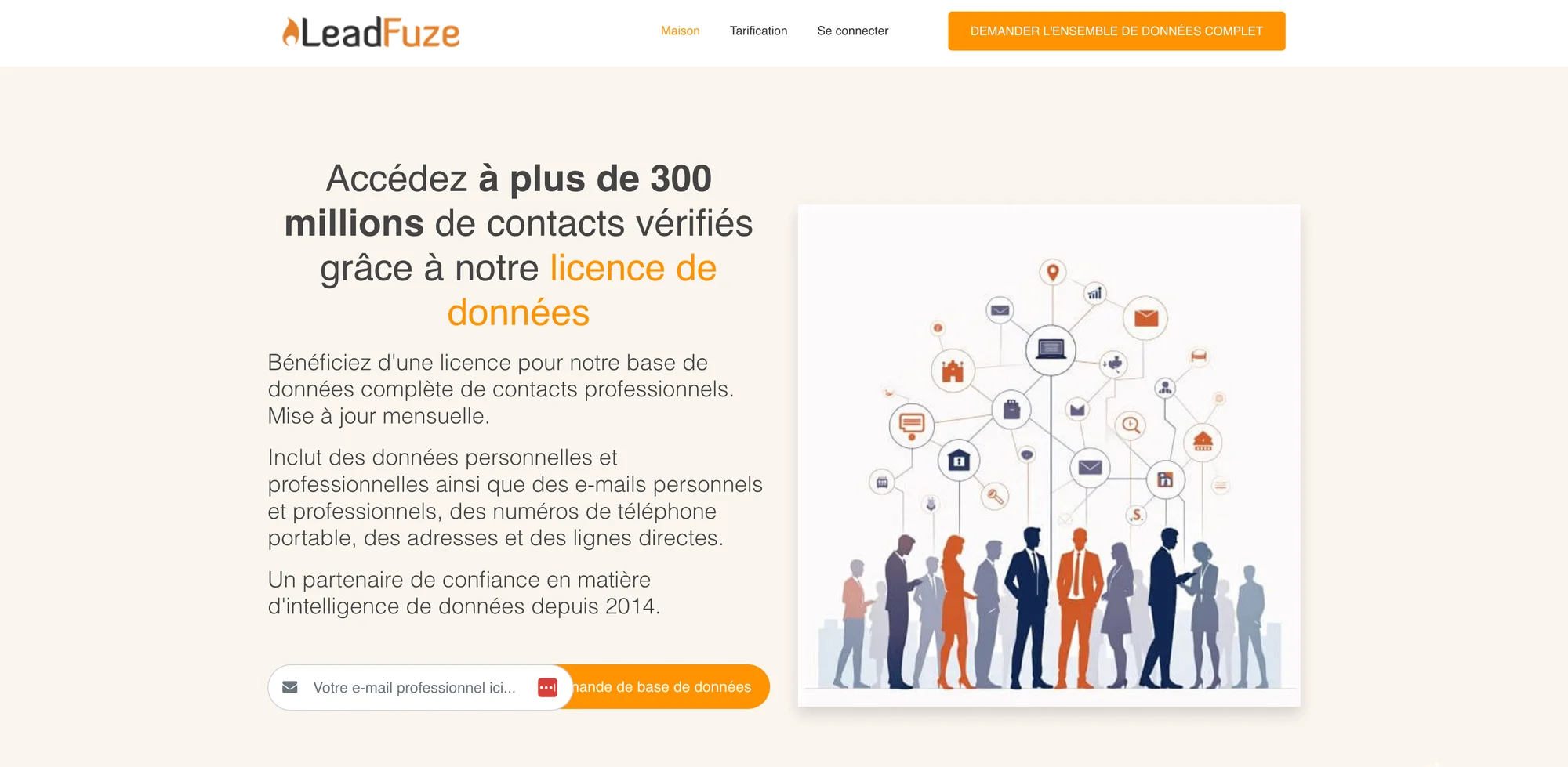 Page web LeadFuze présentant des contacts professionnels avec 300 millions de données vérifiées. Illustration d'hommes d'affaires et texte explicatif sur l'accès à la base de données.