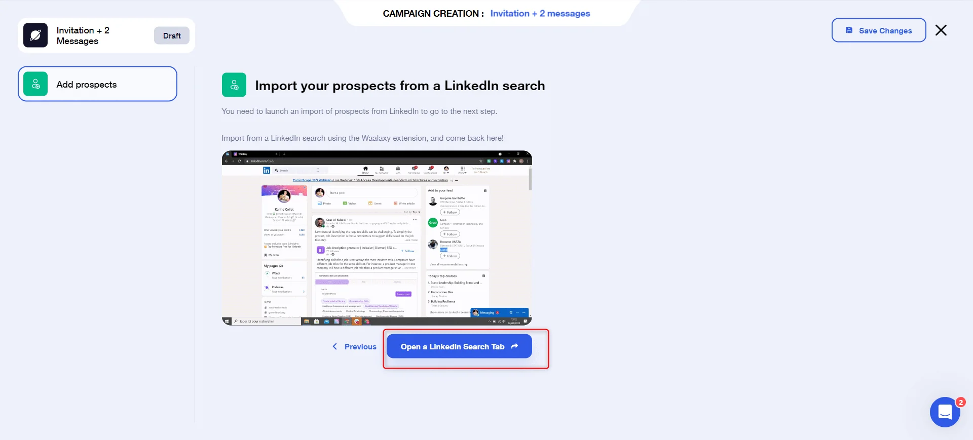 Import prospects LinkedIn Waalaxy extension