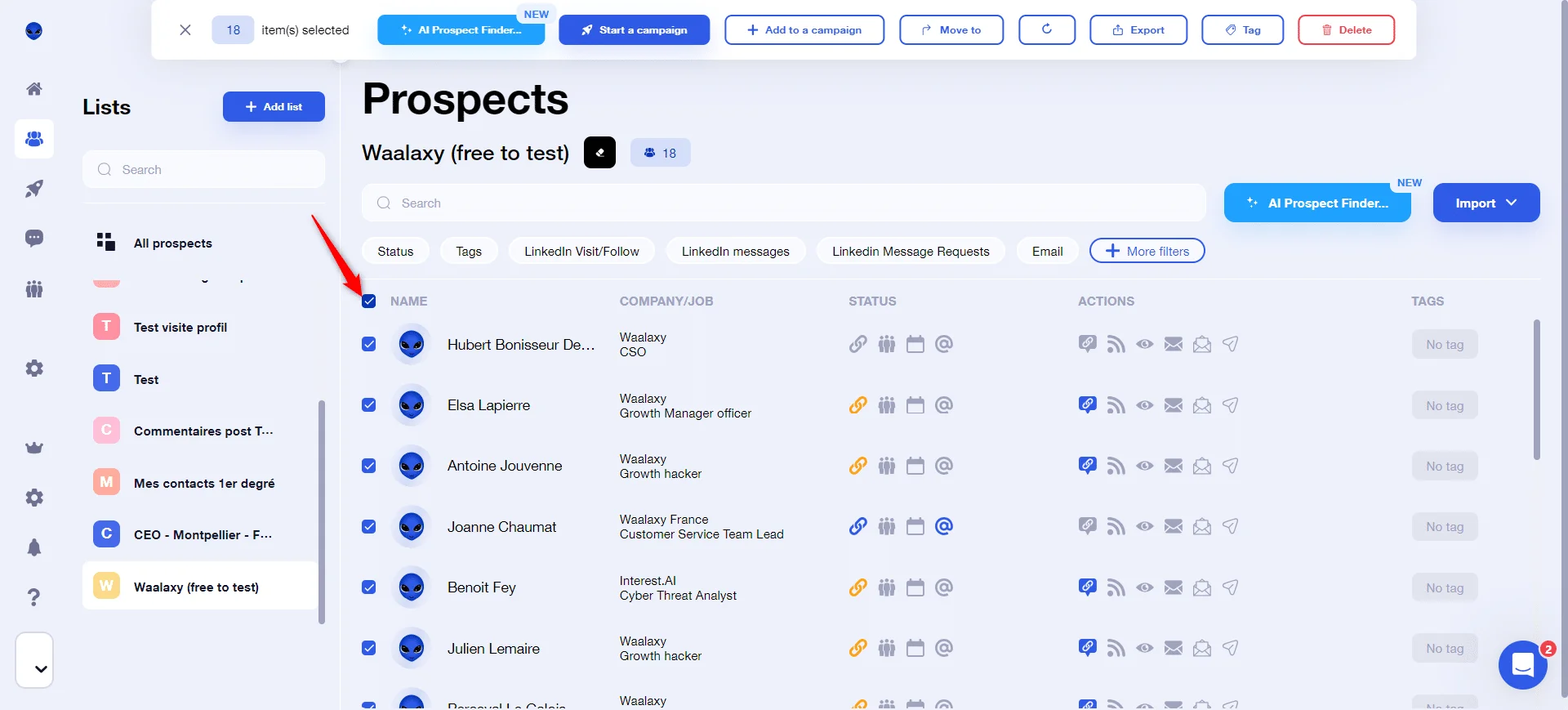 Interface prospection prospects Waalaxy