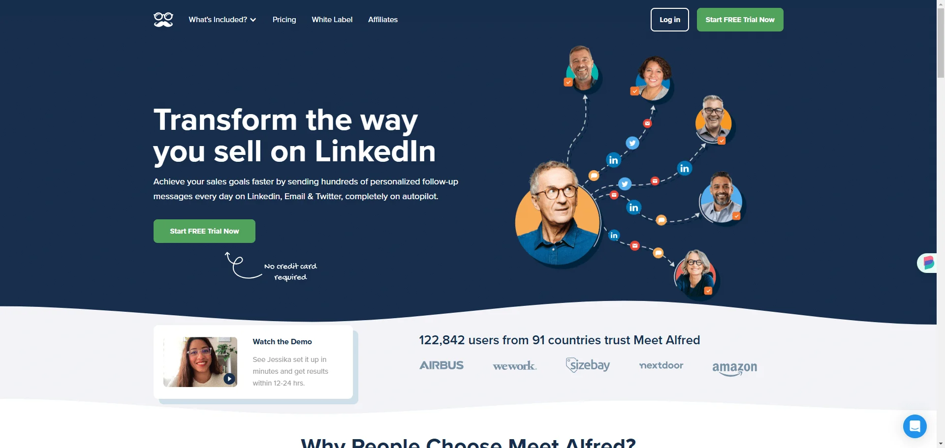 Page web promotionnelle de Meet Alfred, outil pour améliorer l'efficacité sur LinkedIn. Texte principal: "Transform the way you sell on LinkedIn". Image d'un profil LinkedIn avec des connexions visuelles. Statistiques et boutons de téléchargement.