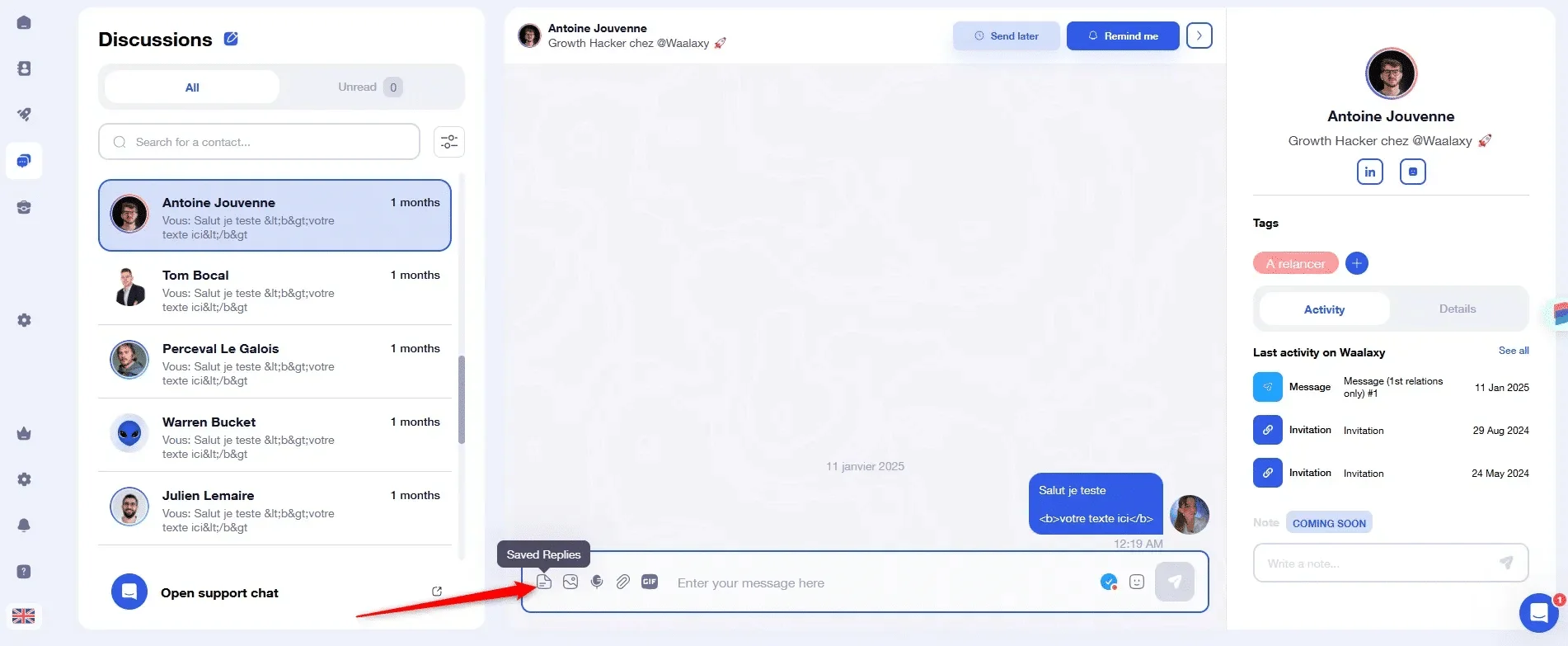 Interface Waalaxy discussions contacts prospection