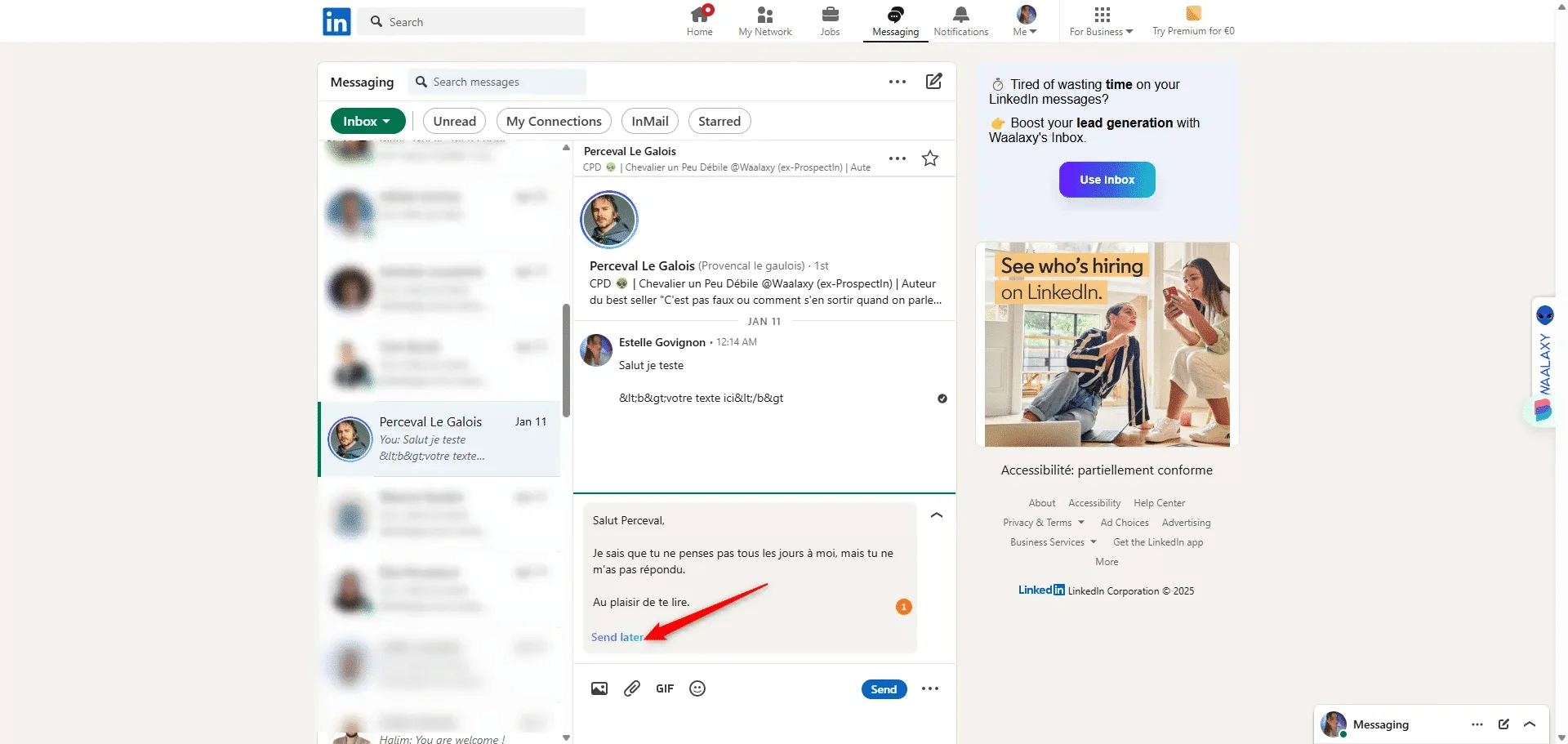 Interface messagerie LinkedIn conversation