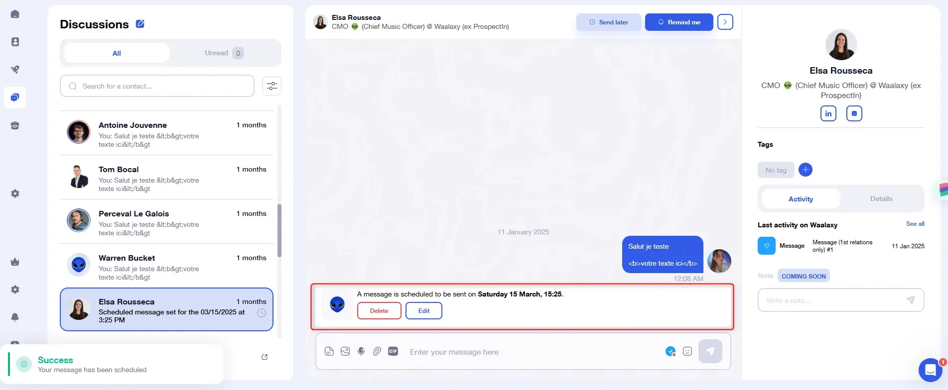 Interface Waalaxy messages planifiés
