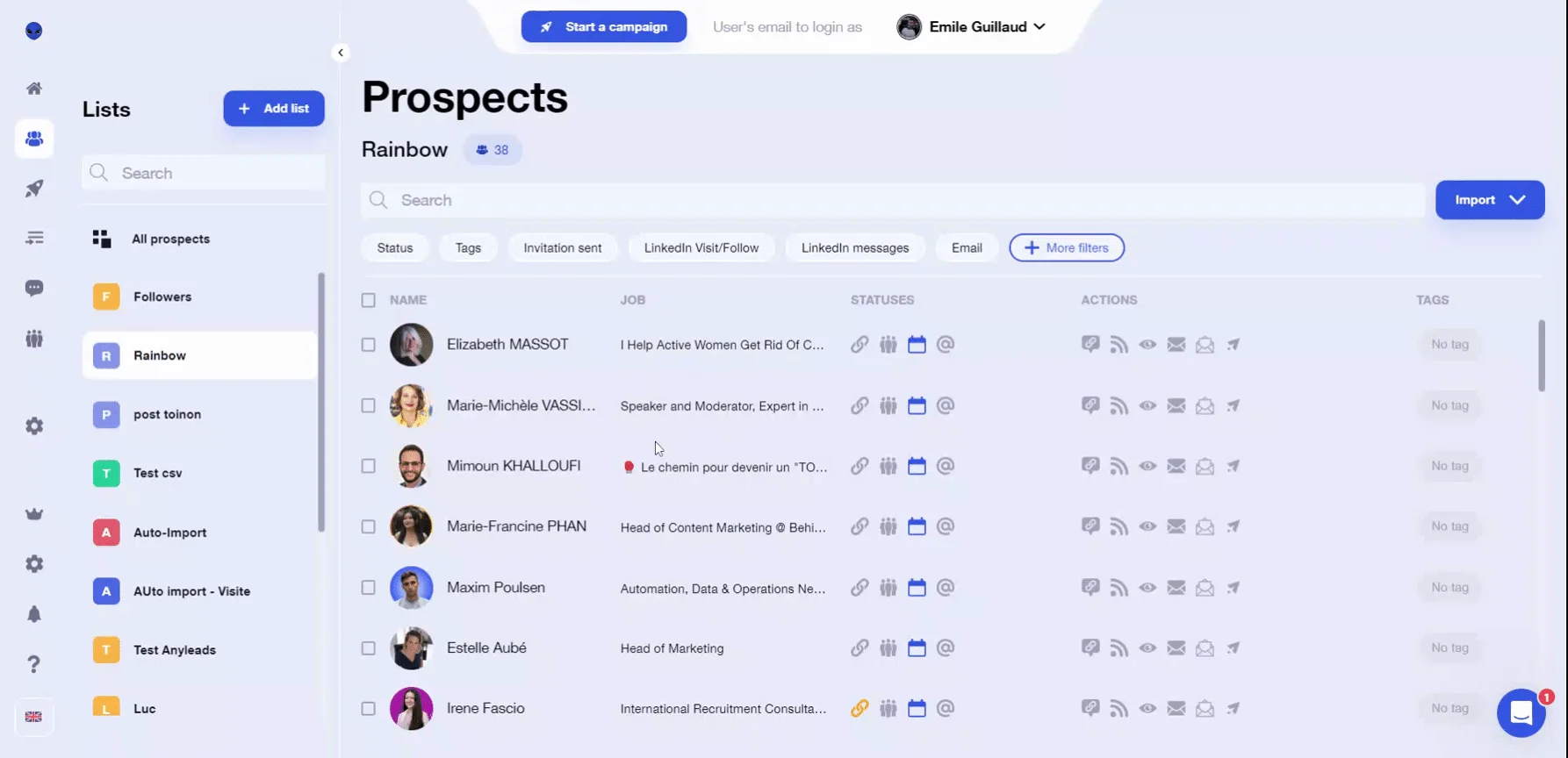 Interface prospects Waalaxy rainbow list