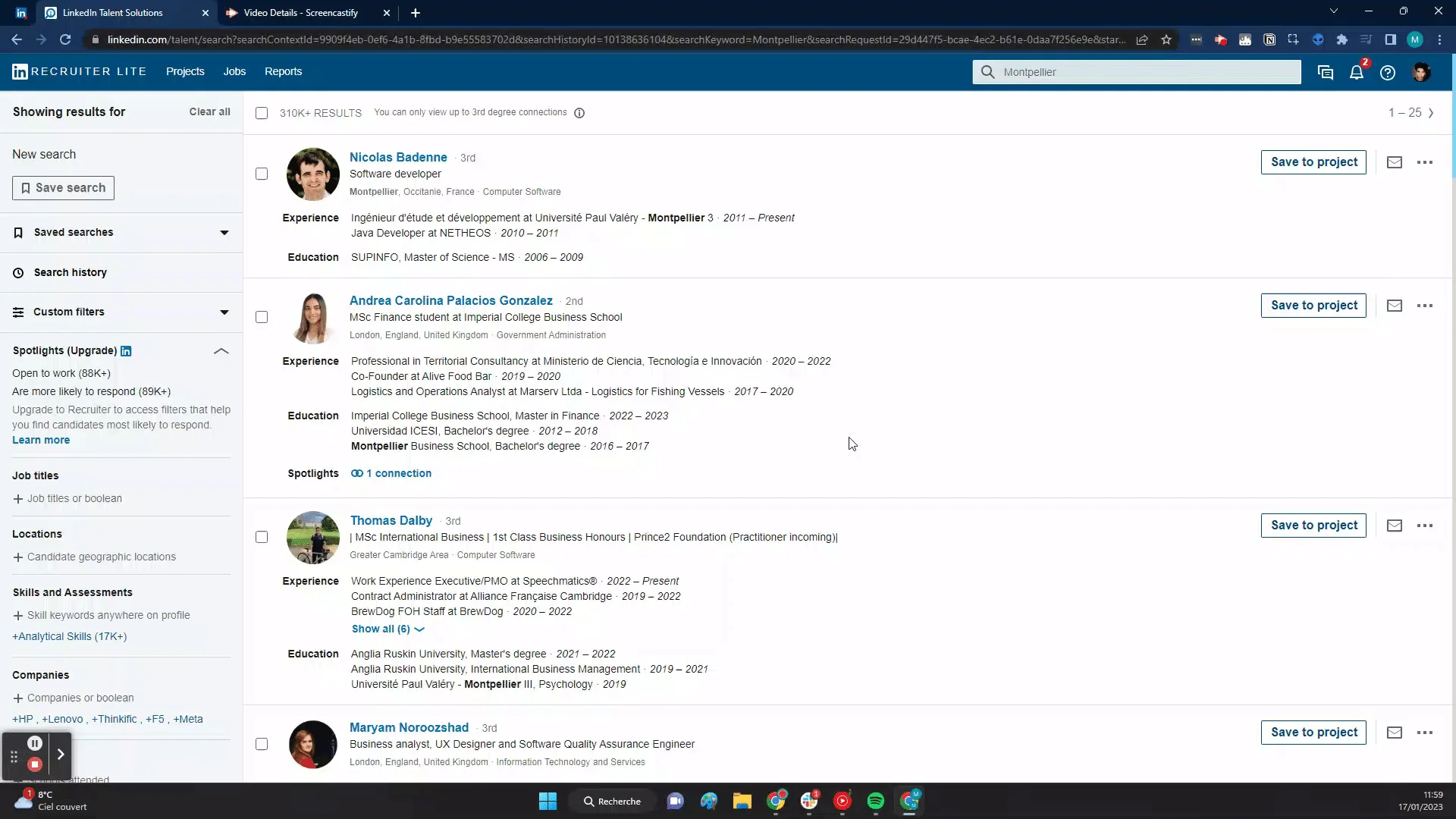 LinkedIn Recruiter Lite résultats recherche Montpellier