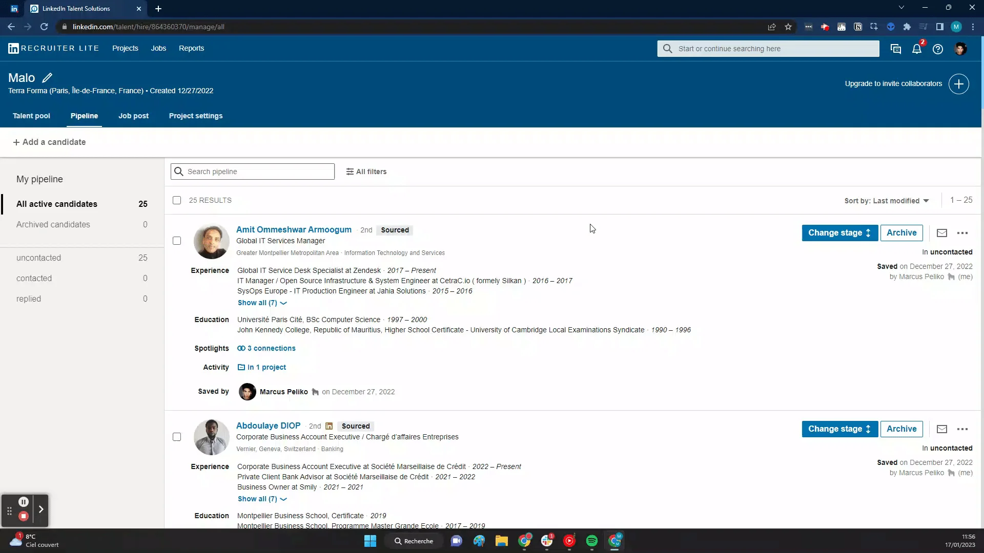 LinkedIn Recruiter Lite pipeline candidates