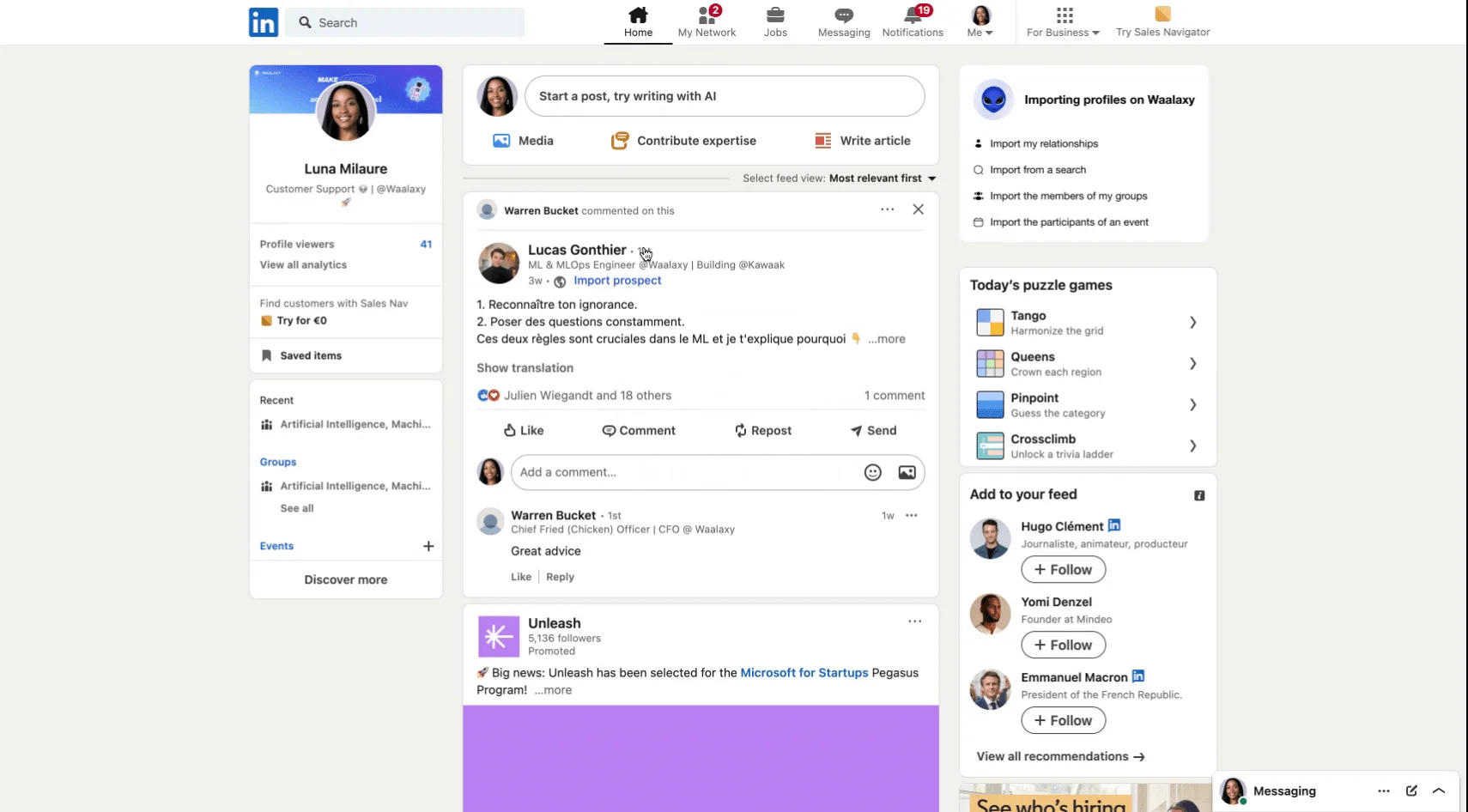 Interface LinkedIn profil Waalaxy
