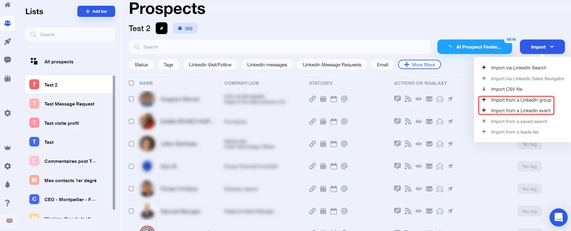 Page d'entreprise montrant des prospects avec options de filtre et d'action sur les profils LinkedIn.