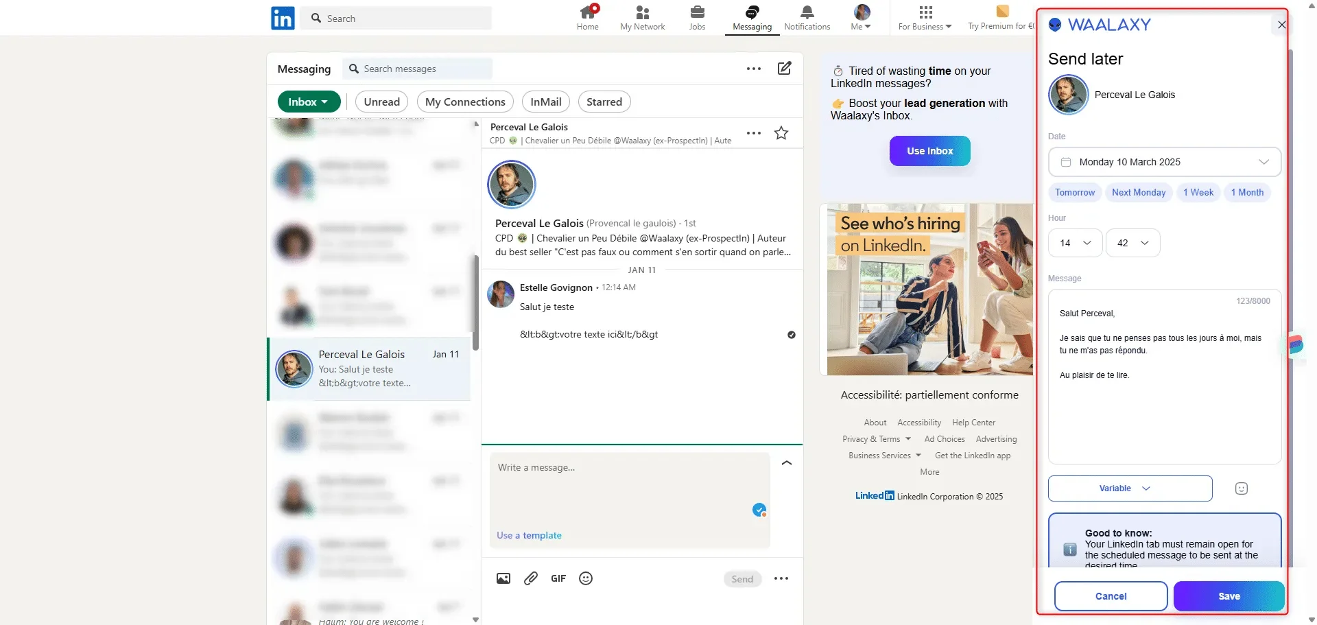 Interface messagerie LinkedIn Waalaxy