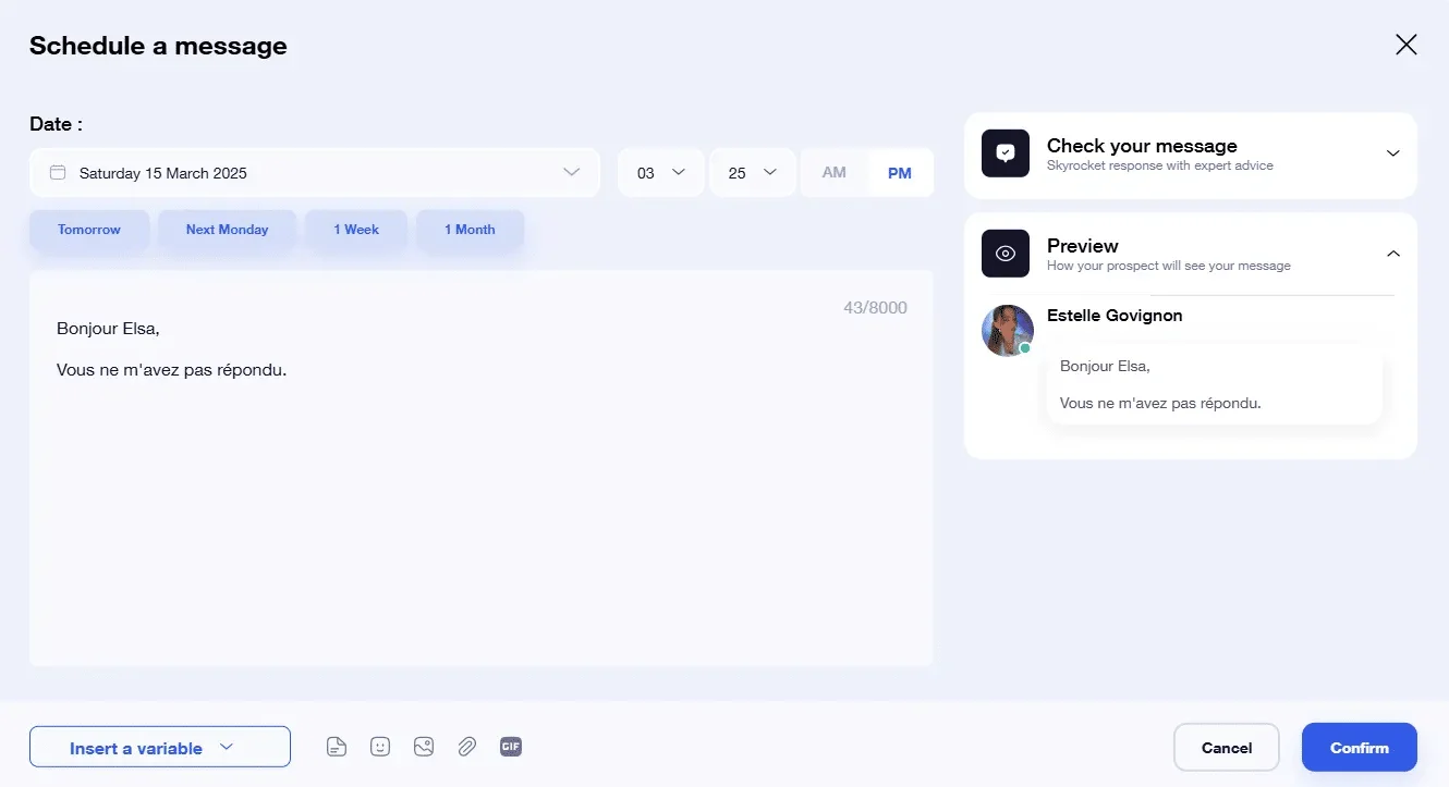 Interface planification message Waalaxy