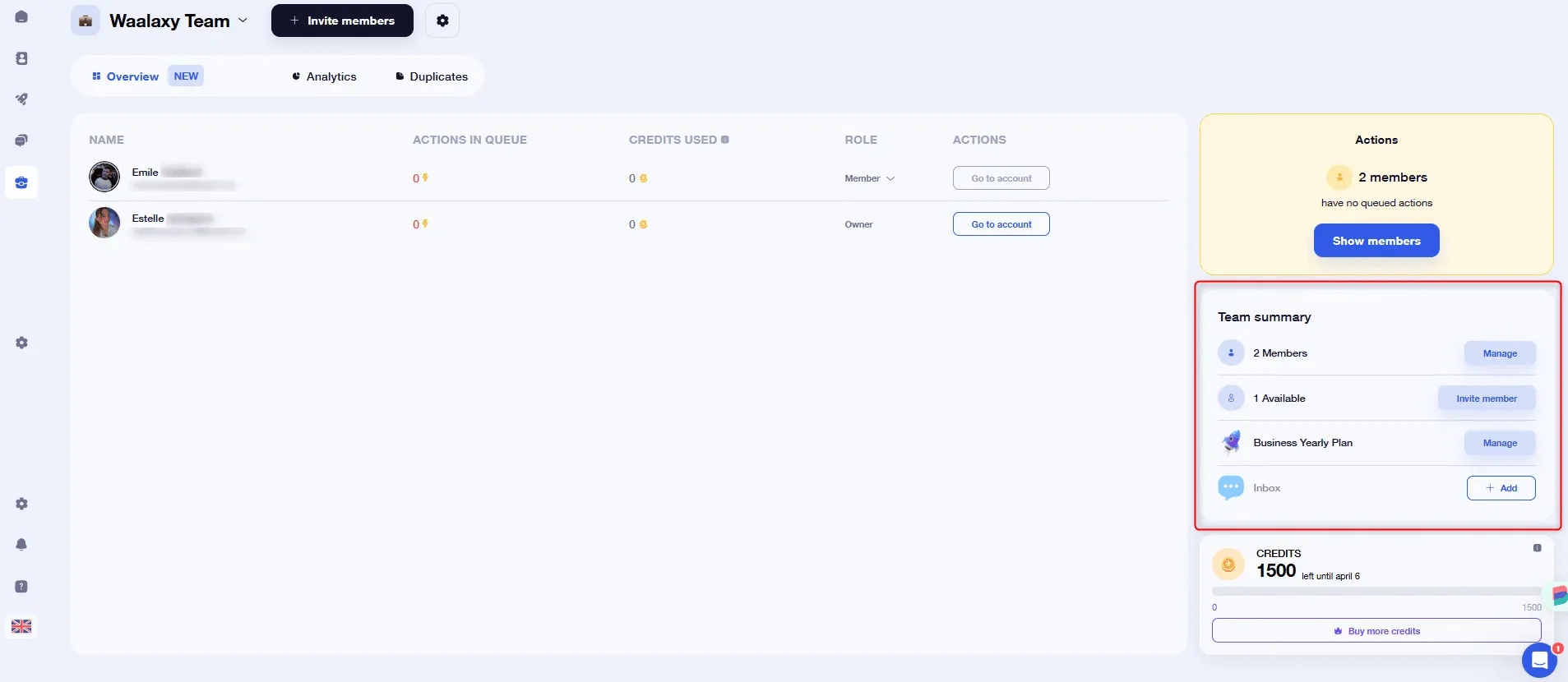 Page web d'équipe avec des options de gestion et de planification.