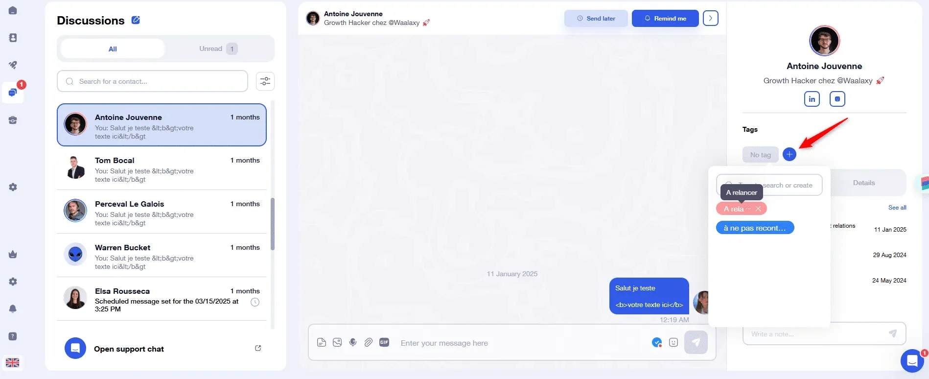 Interface discussions Waalaxy CRM prospection