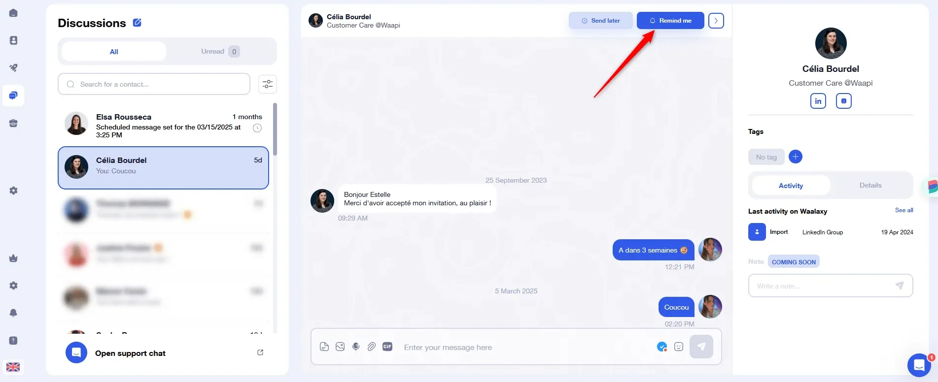 Interface discussion customer care Waalaxy