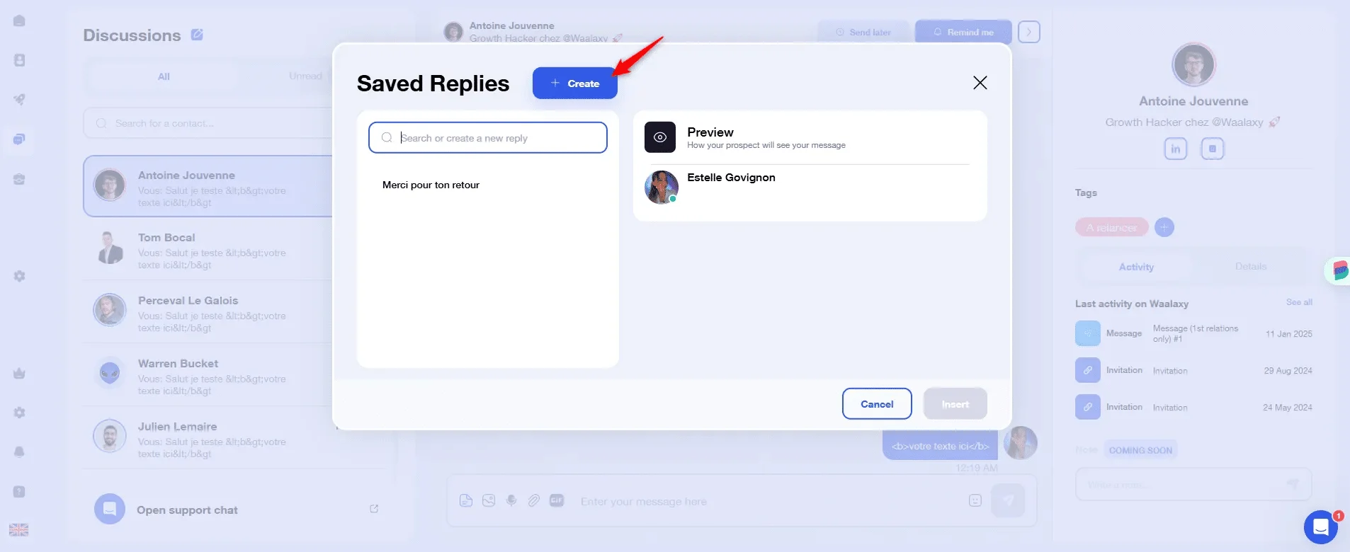 Saved replies feature Waalaxy